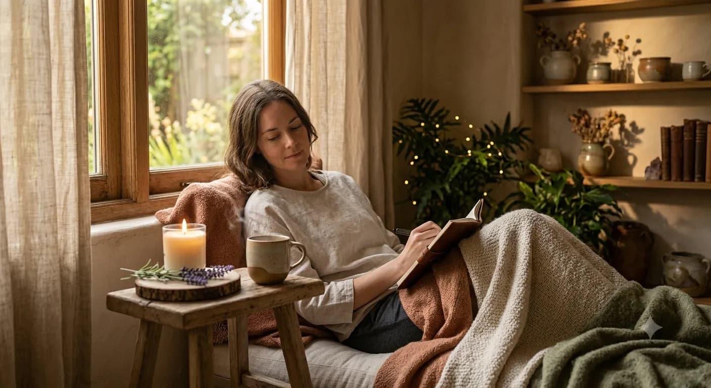 Bilan d'hygiène de vie en naturopathie : carnet de suivi et infusion dans un intérieur apaisant